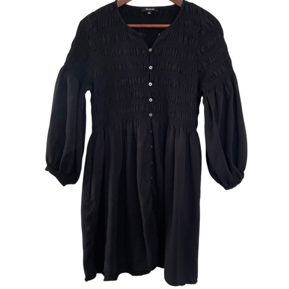 Madewell Button Front Mini Dress Small Black Smocked Bodice Puff Sleeves A Line - Picture 2 of 6